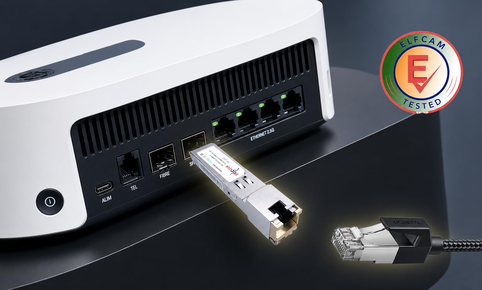 Elfcam – Moduł SFP+ do RJ45 10GbE, Kompatybilny z Cisco SFP-10G-TS i Freebox Ultra, Transceiver 10GBase-T, do 30 m na kablu Ethernet Cat 6A/Cat 7/Cat 8, Plug & Play