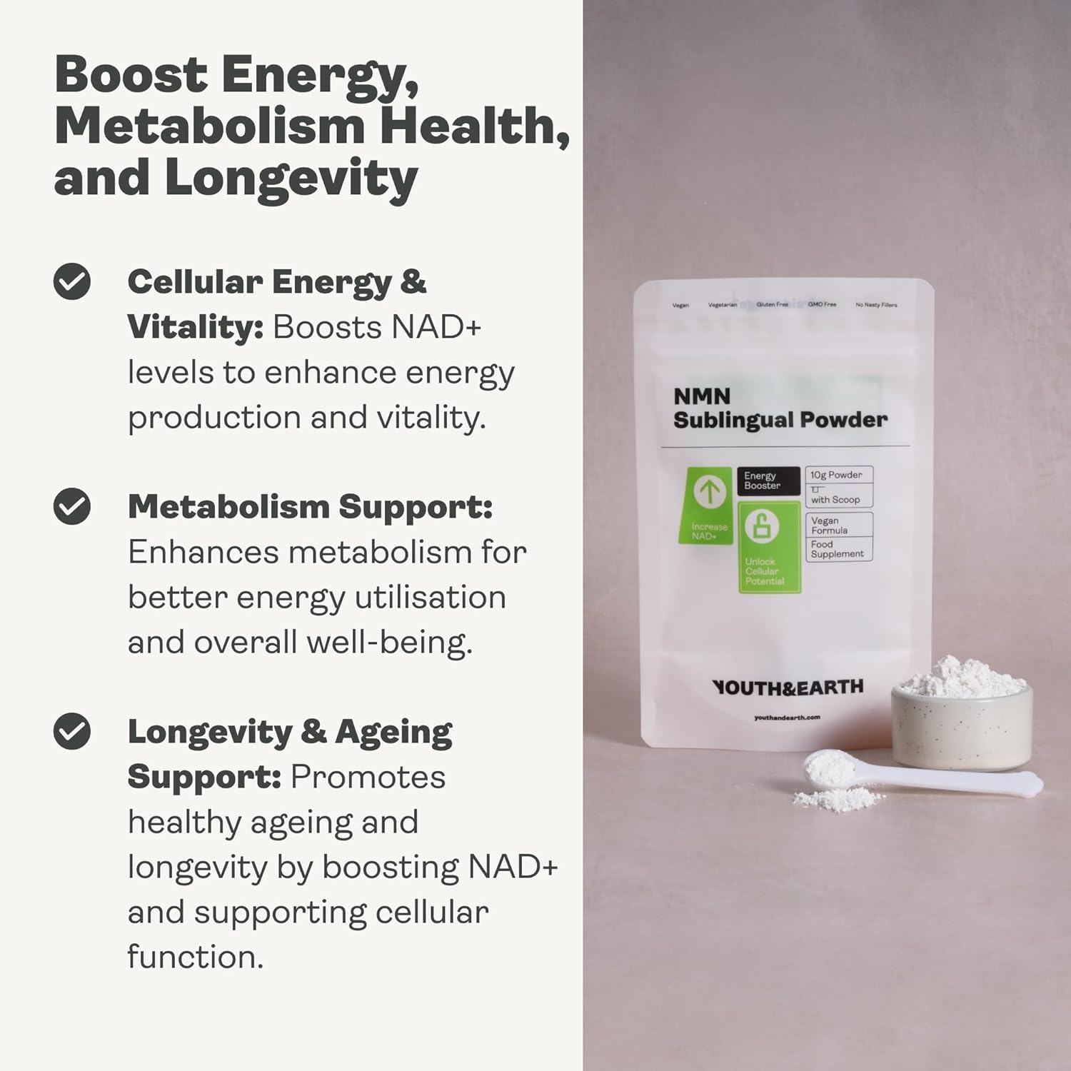 Youth & Earth NAD Polvo Sublingual, 30 g, 60-120 Porciones | Apoyo Energético Y Metabólico, Polvo Sublingual Puro, Fórmula Para Adultos, 30 g, De 60 A 120 Porciones