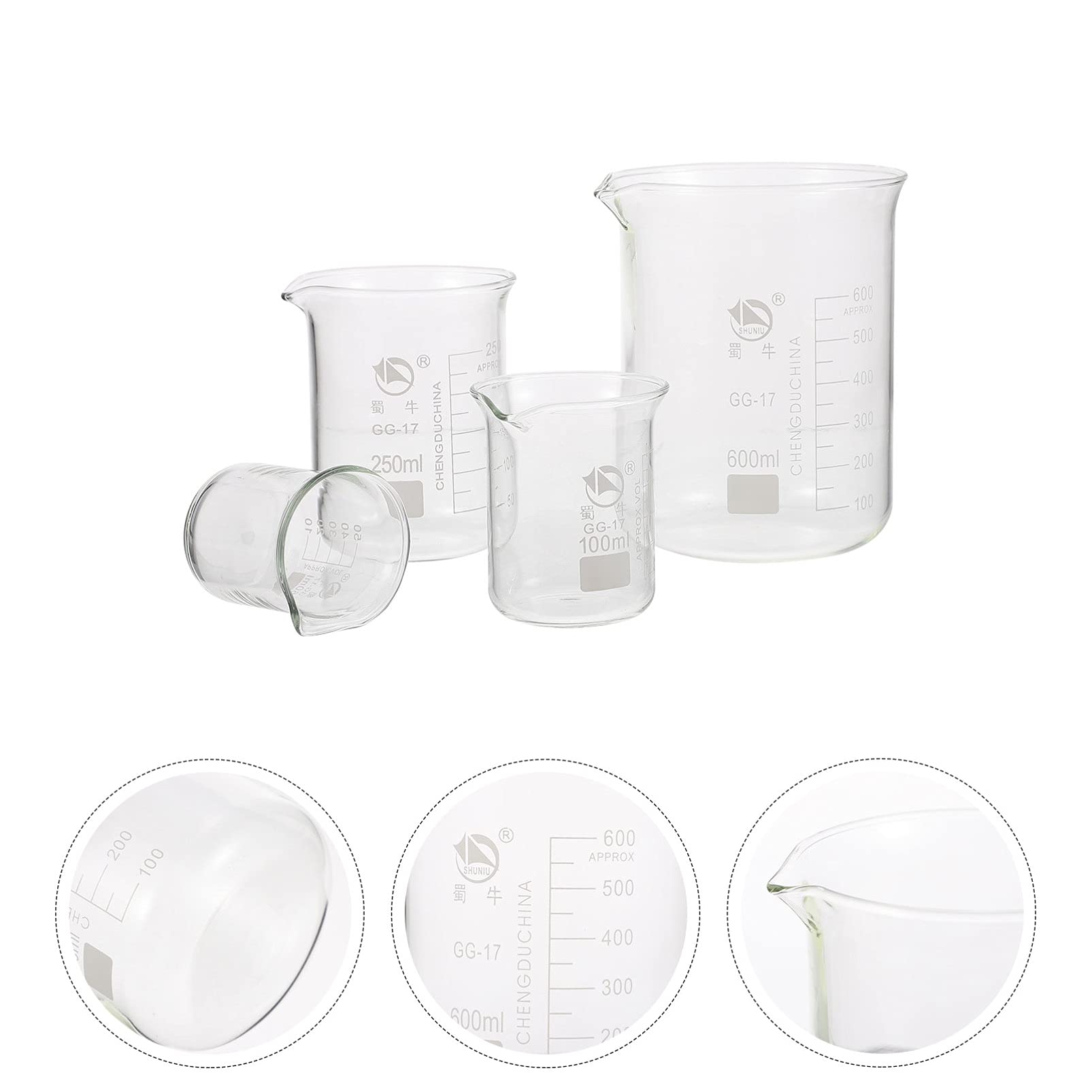 Plastikowe probówki testowe, Zestaw 4 szklanych zlewek miarowych Szklane zlewki miarowe o niskim kształcie z wylewką 50 ml 100 ml 250 ml 600 ml Laboratoryjne urządzenie pomiarowe