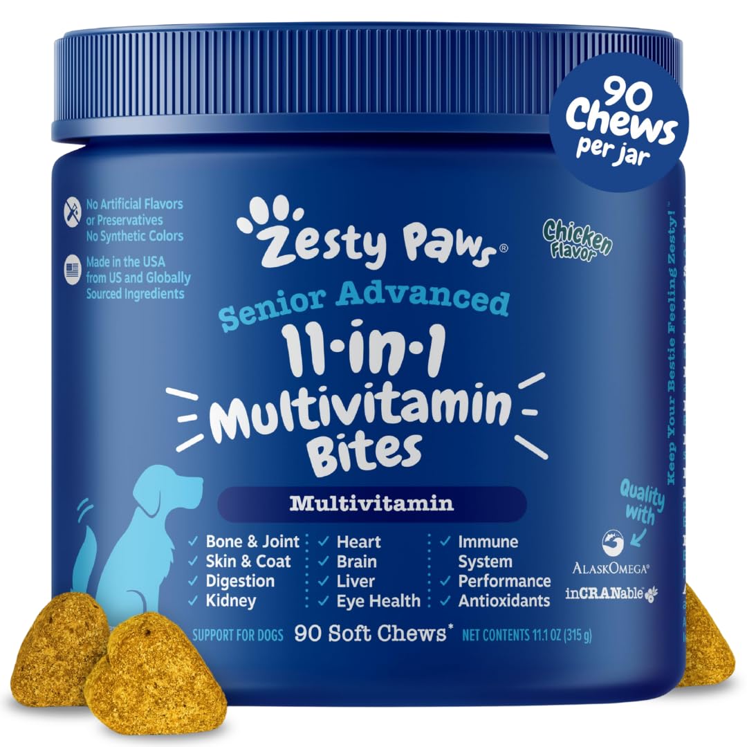 Zesty Paws Senior Dog Multivitamin Treats - Glucosamine for Dogs + Digestive Enzymes & Probiotics - Grain Free Dog Vitamins and Supplements for Skin & Coat + Immune Health Chicken - Advanced - 90ct