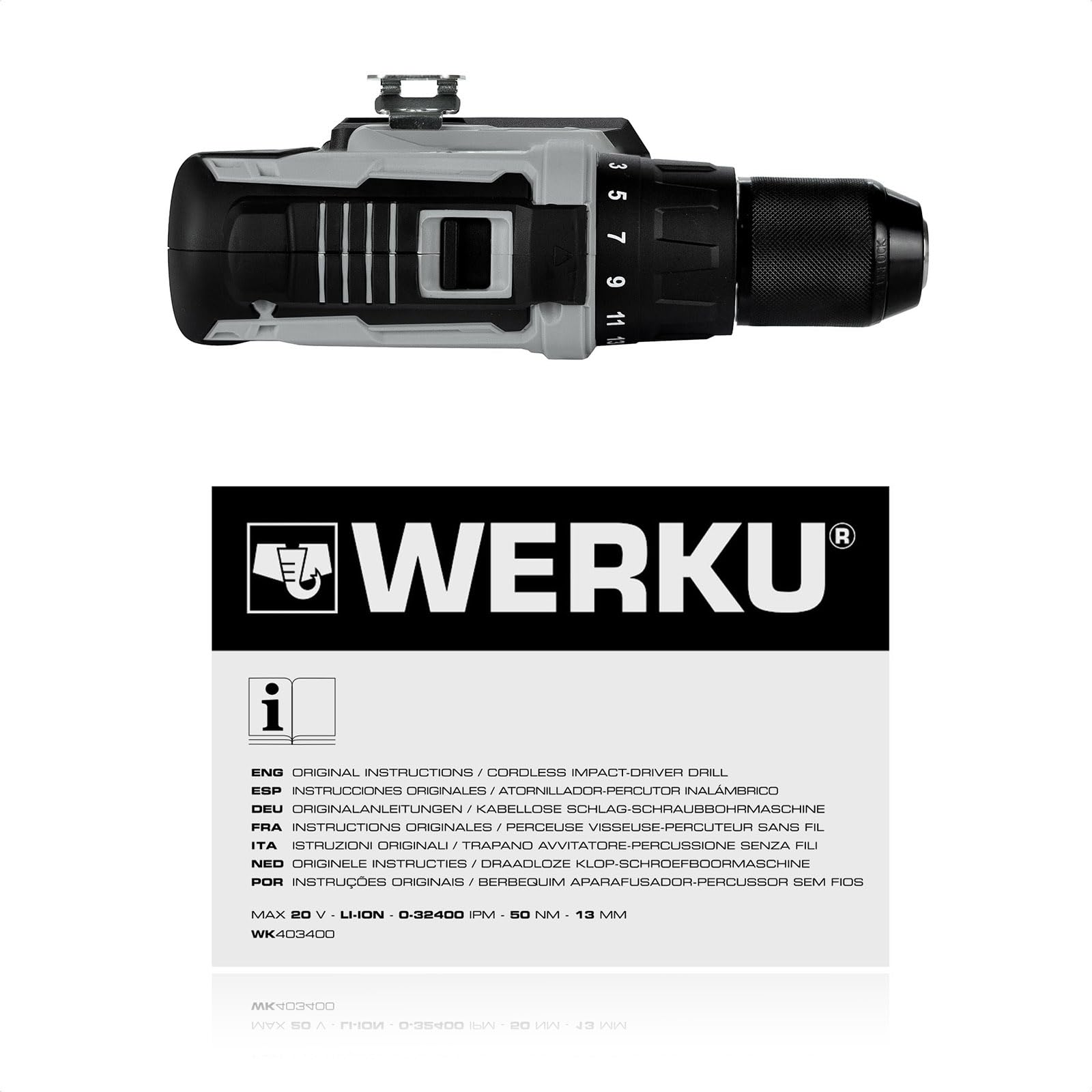 Werku WK403400, Taladro Atornillador-Percutor Inalámbrico, Calidad Profesional, Potencia 20 V, Función Atornillado y Taladrado Con Percusión, No Incluye Batería y Cargador