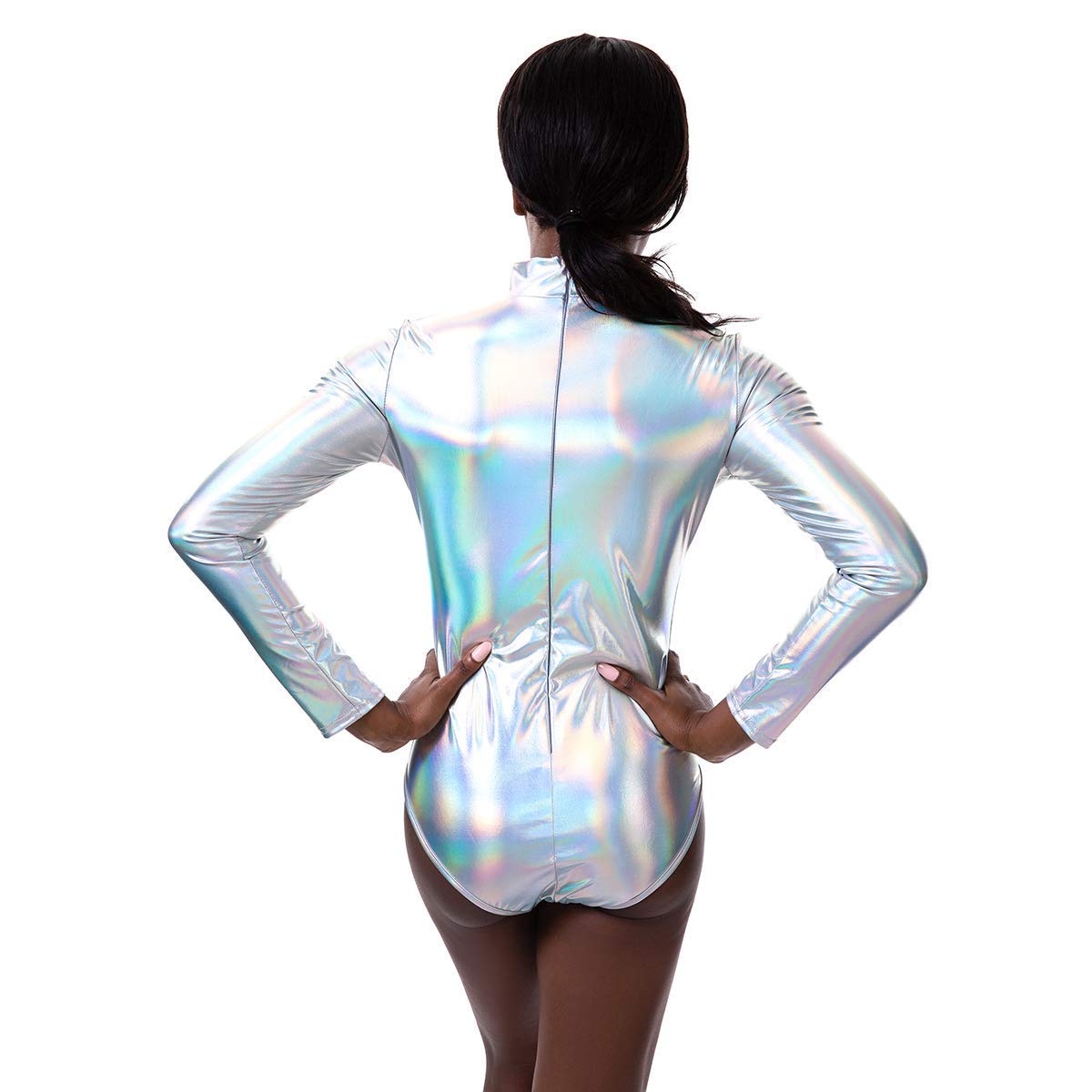 IMEKIS Justaucorps à manches longues pour femme - Brillant métallisé laser - En cuir - Body pour ballet, danse, gymnastique - Maillot de gymnastique - Maillot de gymnastique - Vêtement de nuit -