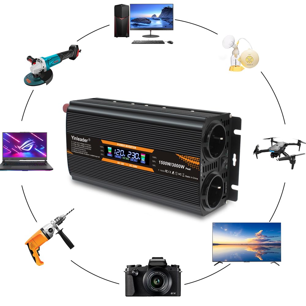 Yinleader Convertisseur 12V 24V à 220V 230V 1500W (3000W Crête), Onduleur Voiture Camion Auto-Détection avec 2 Prises EU, Écran LCD, USB, Idéal pour Camping-Car et Voyage