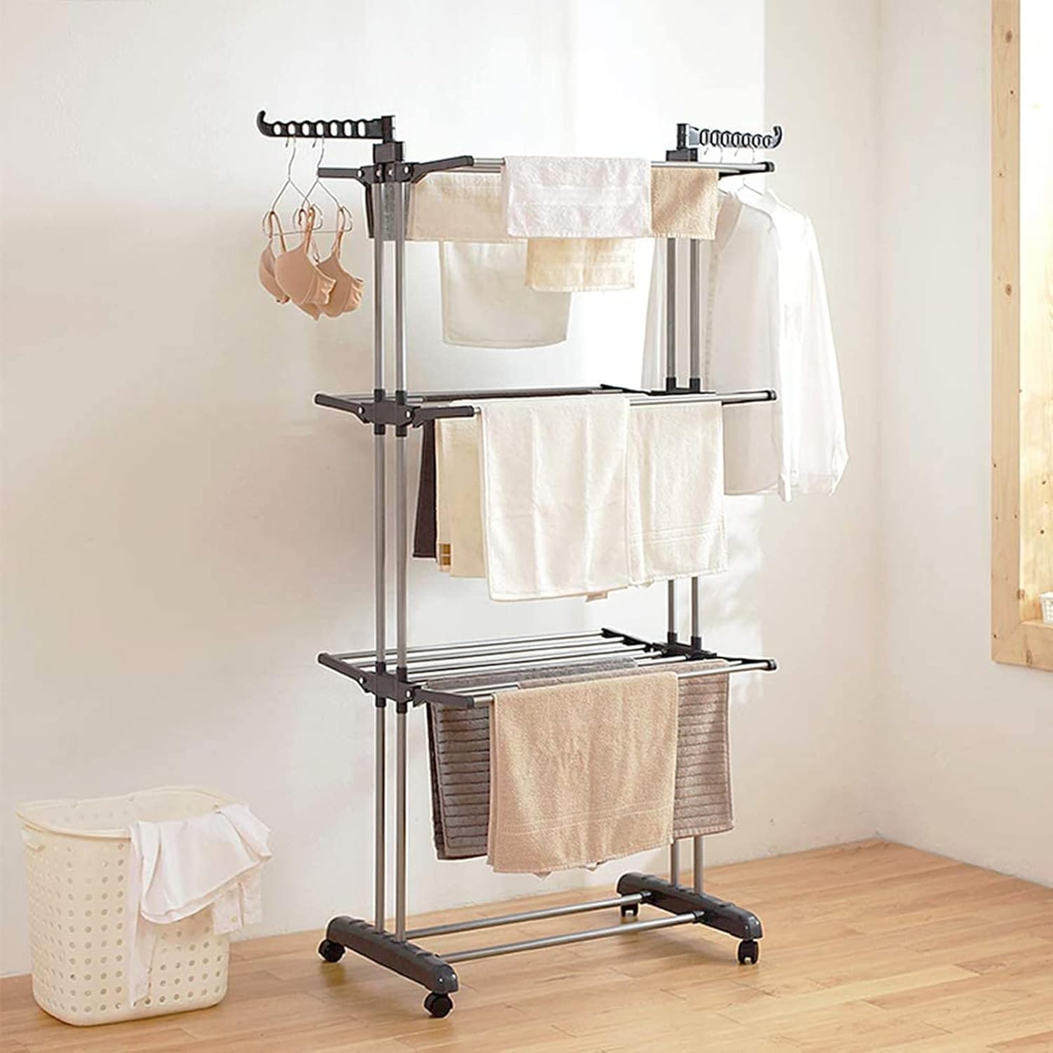 4-Tier Folding Clothes Airer Rack - Indoor Drying Rack with 4 Wheels, Strong & Durable Garment Hanger, Space-Saving Laundry Solution, Grey Color