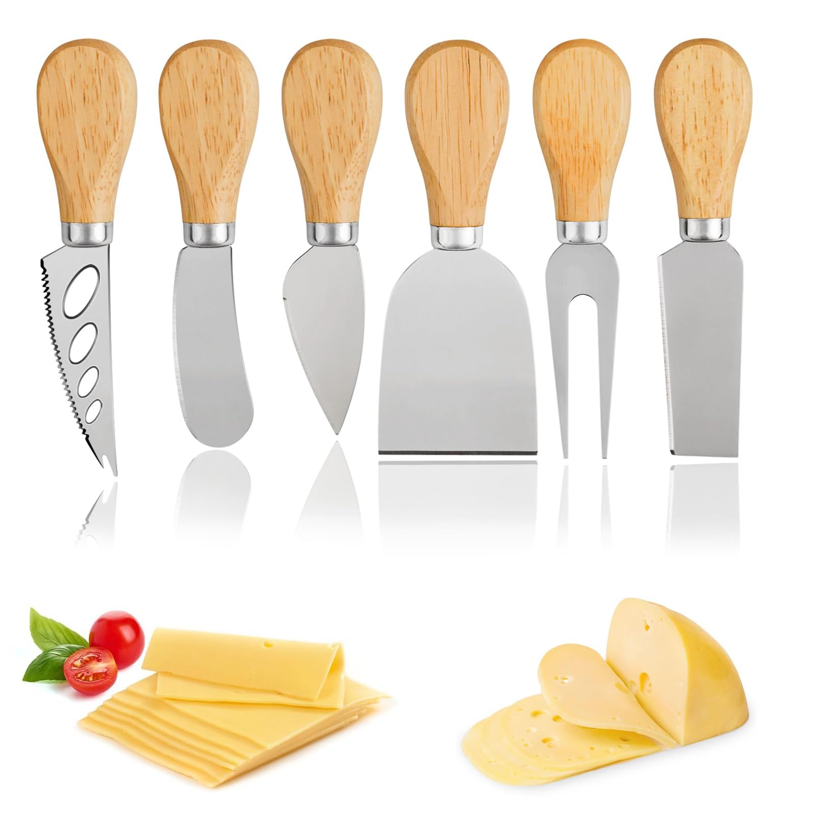 6 Piezas Juego de Cuchillos de Queso, Cuchillo para Queso de Acero Inoxidable con Mangos de Madera, Cuchillo de Mantequilla, Mango de Madera Cuchillo para Tarta Postre Postre Ensalada