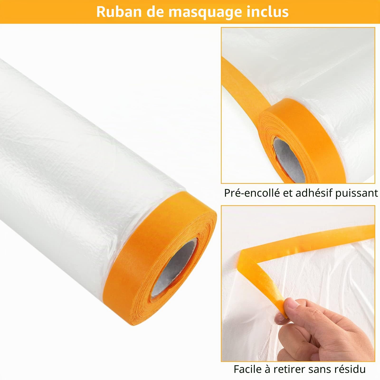 Lot de 4 rouleaux de film de masquage transparent de 240 cm x 20 m avec ruban adhésif en tissu, film anti-poussière en plastique pour travaux de peinture, couvertures de meubles