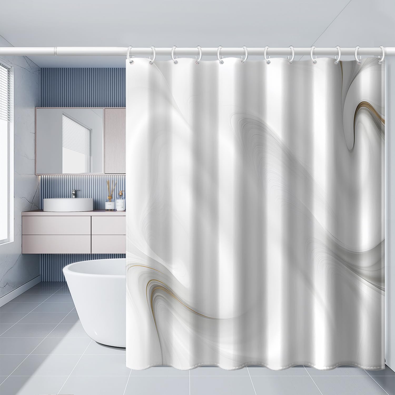 Cortina de ducha impermeable de mármol blanco y gris, tela de poliéster a prueba de moho, decoración de baño elegante para todas las estaciones, 150 x 240 cm (ancho x alto)