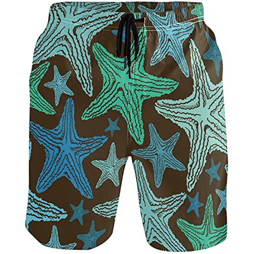 visesunny Blue Green Starfish Brown Pattern Summer Men's Swim Trunks Quick Dry Bathing Suits Beach Holiday Party Swim Shorts