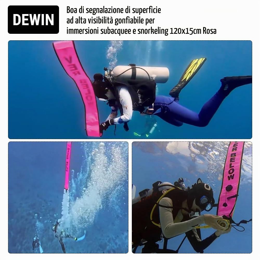 DEWIN Boa Sub, 120x15 cm Boa Apnea Gonfiabile per Snorkeling, Pedagno Sub per Immersione con Valvola per la Segnalazione della Superficie di Immersione Accessori per la Sicurezza
