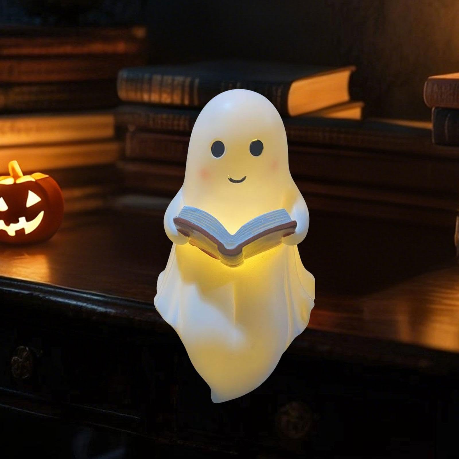 Geist Niedliche Nachtlampe Halloween Leselampe Buchfigur Resin Dekoration Beleuchtung für Wohnzimmer Schlafzimmer Bücherregal für Geschenk