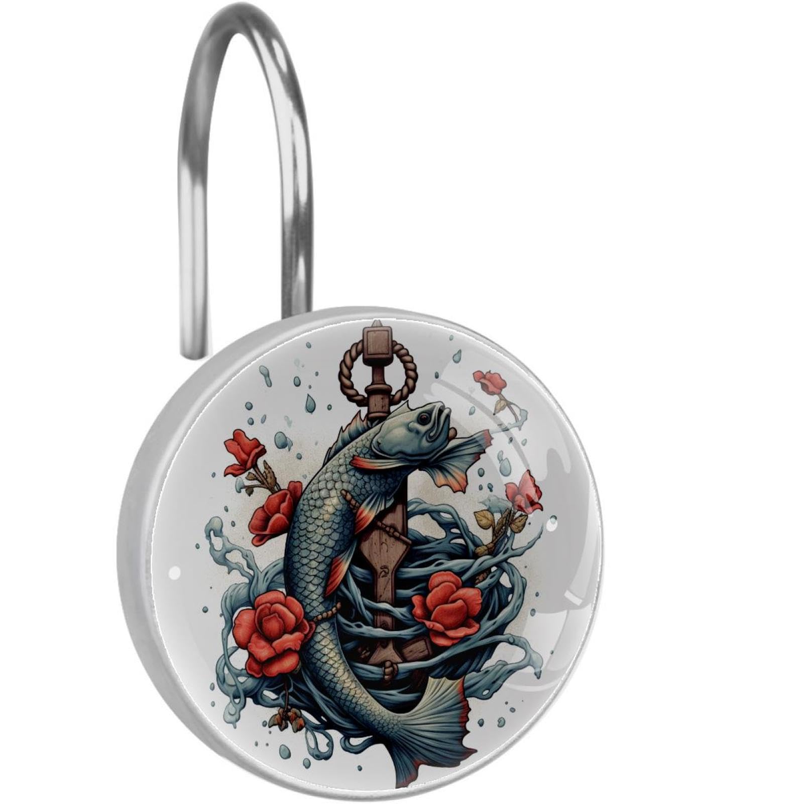 Crochets de rideau de douche antirouille en inox design poisson pour salle de bain chic