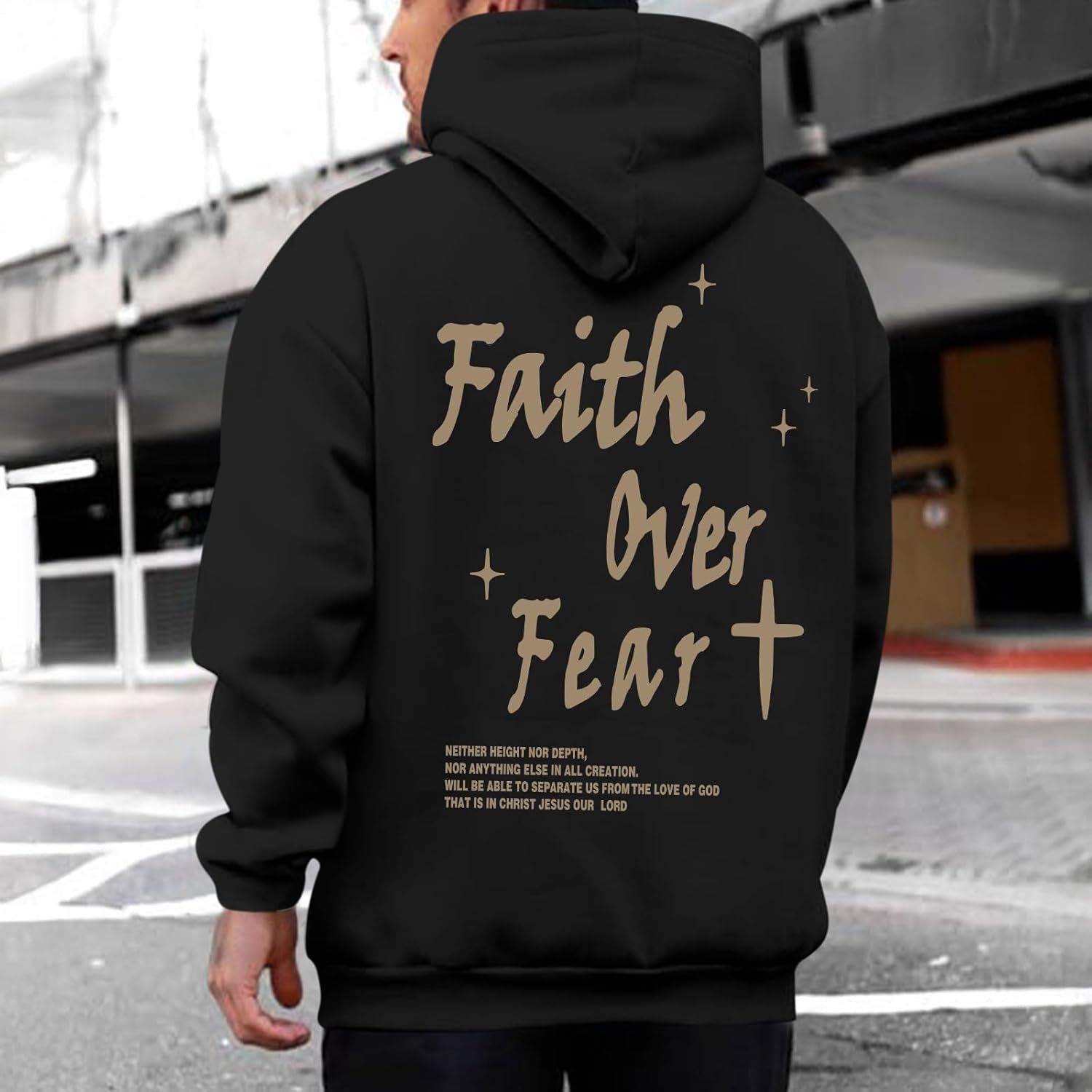 Christian Faith Over Fear Hoodie for Men Inspirational Religious Jesus Sweatshirt Vintage Bible Verse Graphic Pullover - Image 3