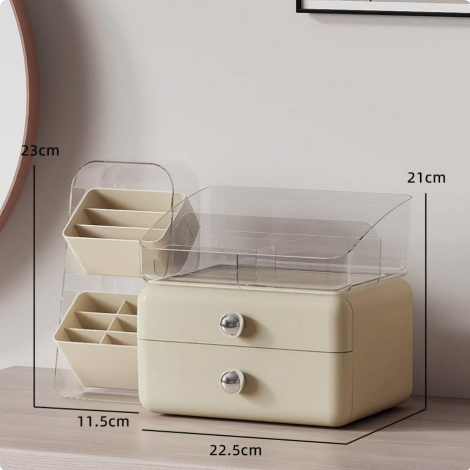 Cosmetic Organizer Organizzatore Trucco Cassettiera Porta Cosmetici Portapennelli con Cassetti E Vassoio Rimovibile in PET HIPS PP Adatto per Toeletta, Bianco