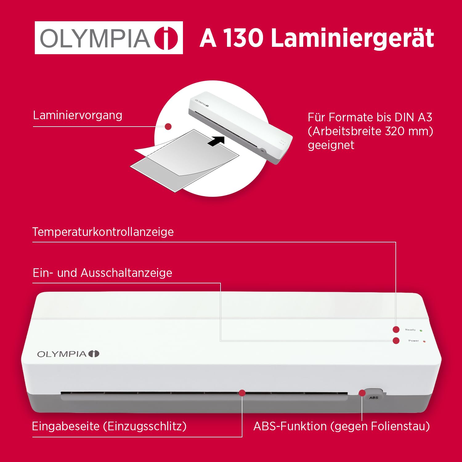 OLYMPIA A130 Plastificadora A3 | Plastificadora compacta para oficina, escuela y hogar | Laminación en caliente hasta 320 mm | Para películas de 80 – 125 micras | Laminadora A3 y A4 | Laminadora