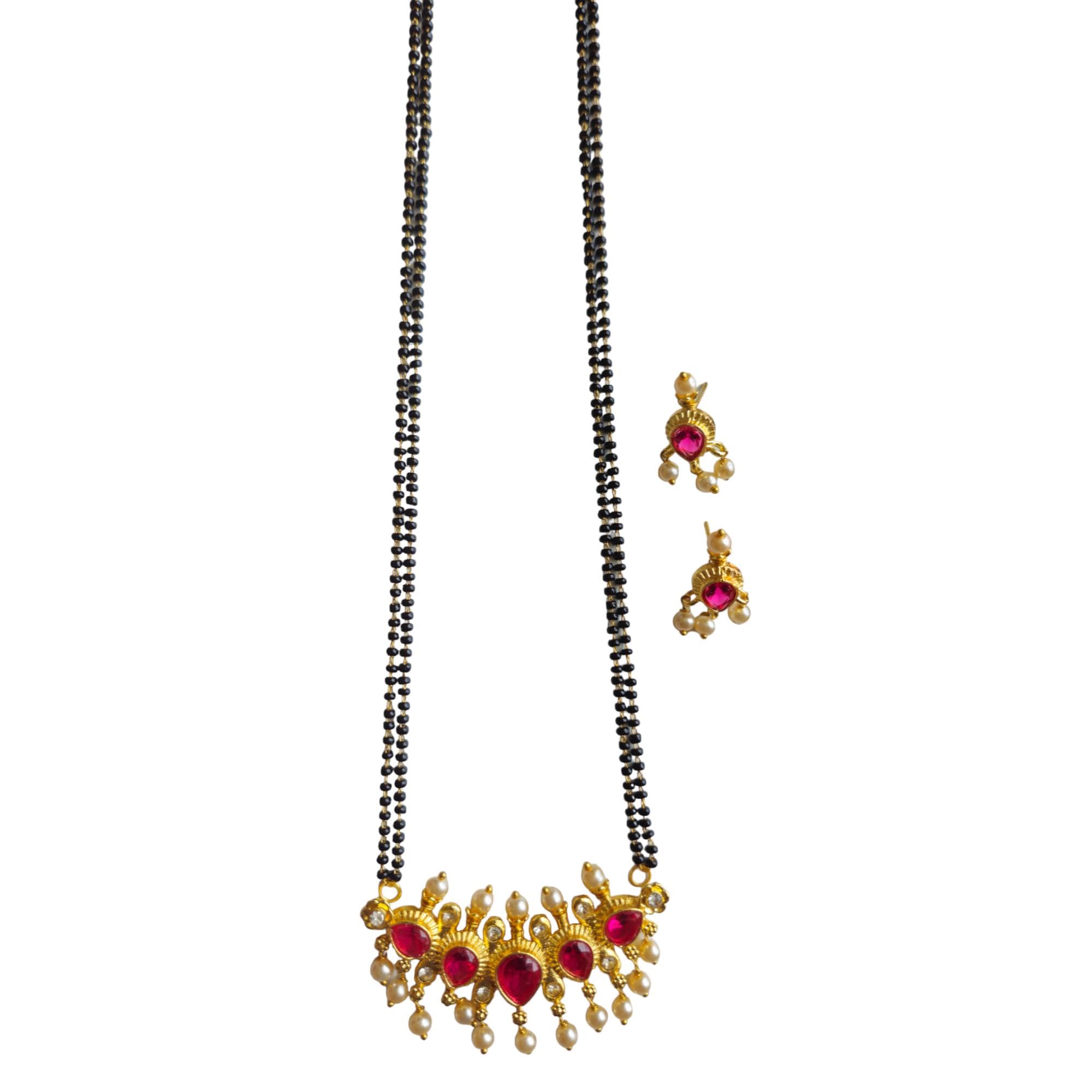AAIKU Maharashtrian Traditional Gold Plated Black Beads Tanmani 5 Stone Pendant and Earrings set Pack of 1 for Women Wedding Jewellery Mangalsutra (Pink-24IN-2Line) (B0D9QXM8F6) Amazon Price History, Amazon Price Tracker