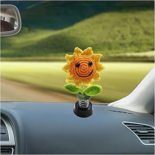 Shaking Sunflower Dashboard Decorations Car Accessories, Smiley Handmade Knitted for Car Interior Home Office Desk Decoration