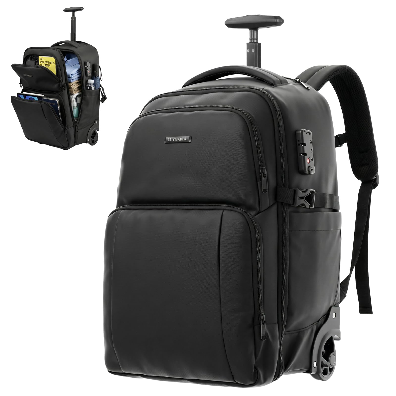 Hivexagon Mochila de Viaje de 37 L con Ruedas, Gran Capacidad, con Cerradura de contraseña, Ruedas silenciosas y duraderas, Correas Ocultas para Viajes o Negocios
