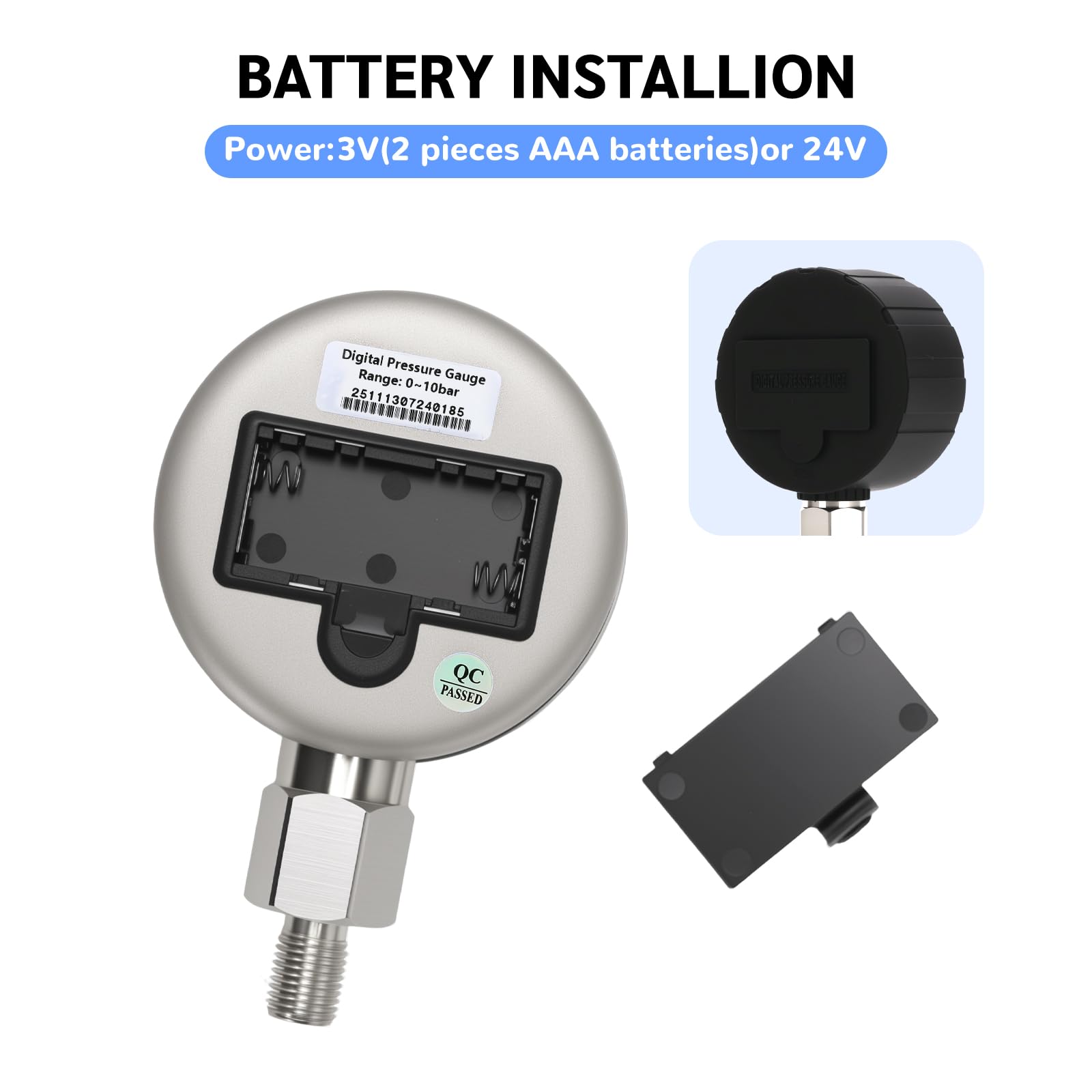 Manomètre industriel numérique, cadran 80 mm, raccord inférieur G1/4", boîtier et raccord en acier inoxydable, 0-10 bar, précision 0,4%, alimenté par batterie, avec éclairage LED.