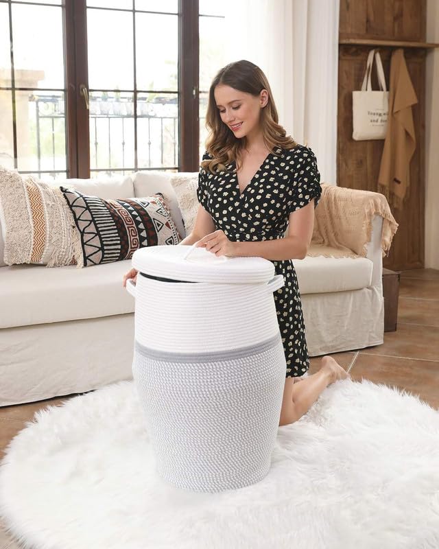 Image of Storage Cotton Rope Basket and Laundry Hamper for Dirty Clothes, Towels, Blankets, Pillows Storage in Living Room, Laundry Room and Bedroom (Grey White With Lid, 15x18 Inch)