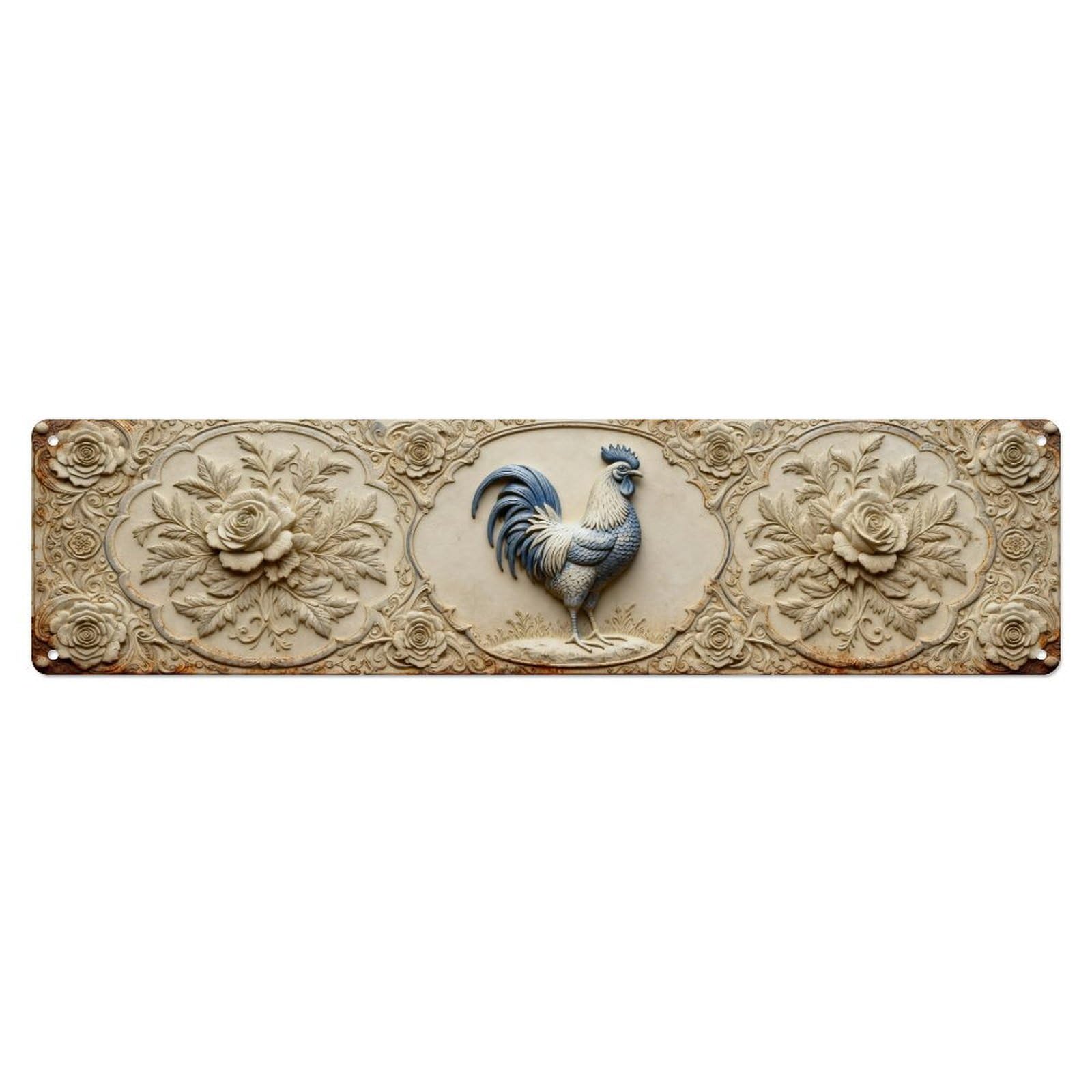 Blue And White Rooster Floral Pattern Metal Tin Sign Plaque