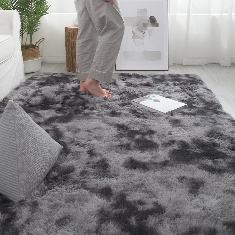 Tapis de chambre à coucher anti-glisse style tie dye gris foncé