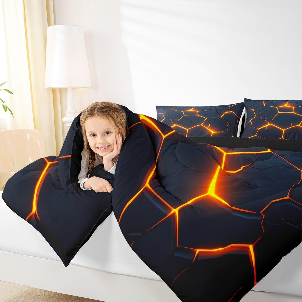Erosebridal Dark Blue Gold Honeycomb Queen Comforter Set,Geometric Hexagon Bedding Set for Kids Adults,Beehive Pattern Bed Set,Video Game Gaming Room Decor with 2 Pillowcases