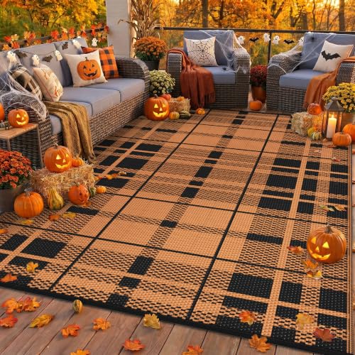 Image of GENIMO Outdoor Rug, Waterproof Plastic Rugs for Patio, 6'x9' Amber Black | Outside Larger Modern Carpet Mat for Porch Decor, Deck, Balcony, Camping, RV, Backyard, Picnic, Beach, Reversible, Foldable