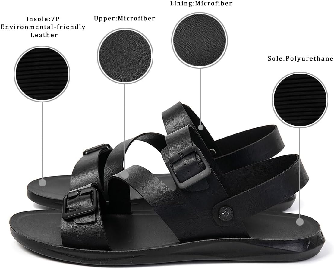 Men's Leather Buckle Casual Flat Sandals with Adjustable Dual use Ankle Straps Slip-On Beach Sandals Open Toe Non-Slip Soft Comfortable Slide Sandals