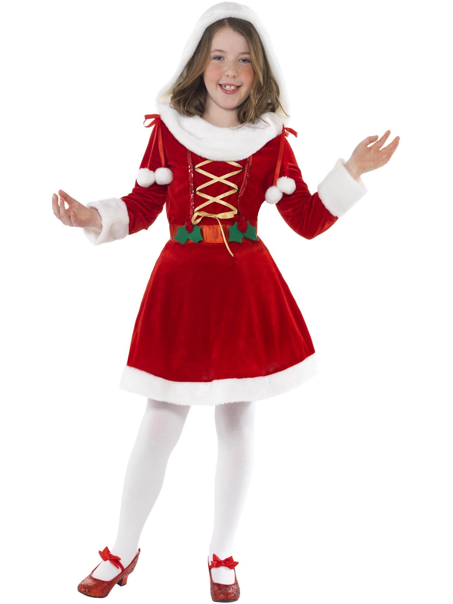 Smiffys Little Miss Santa Costume for Girls, Red & White Christmas Fancy Dress with Hooded Dress – Kids Festive Party Outfit Age 10-12