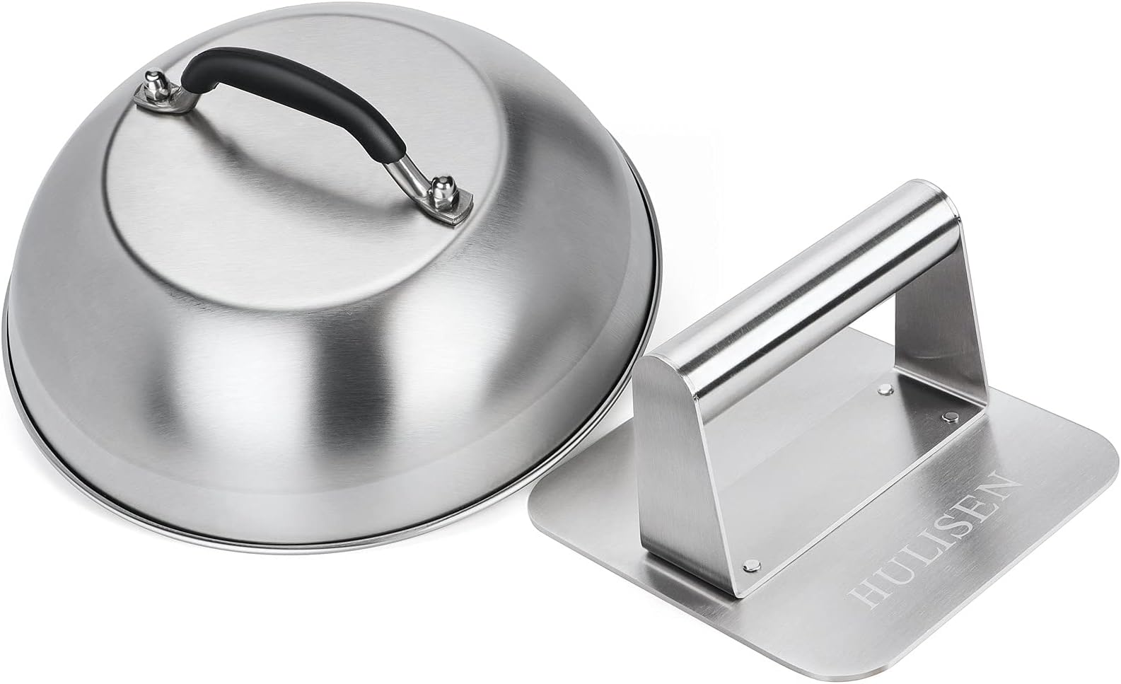 HULISEN Cheese Melting Dome & Smashed Burger Press, 5.5" Square Grill Press with 9" Basting Cover, Stainless Steel Burger Smasher, Griddle Accessories Kit for Flat Top Grill Cooking Indoor/Outdoor