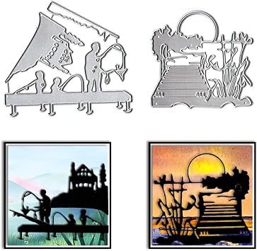 Estivaux 2 PCS Fishing Man Die Cuts for Card Making, Lake Bridge House Cutting Dies Sets Fishing Fish Dies Stencils Embossing Template for Scrapbooking DIY Cards Album Crafts Supplies
