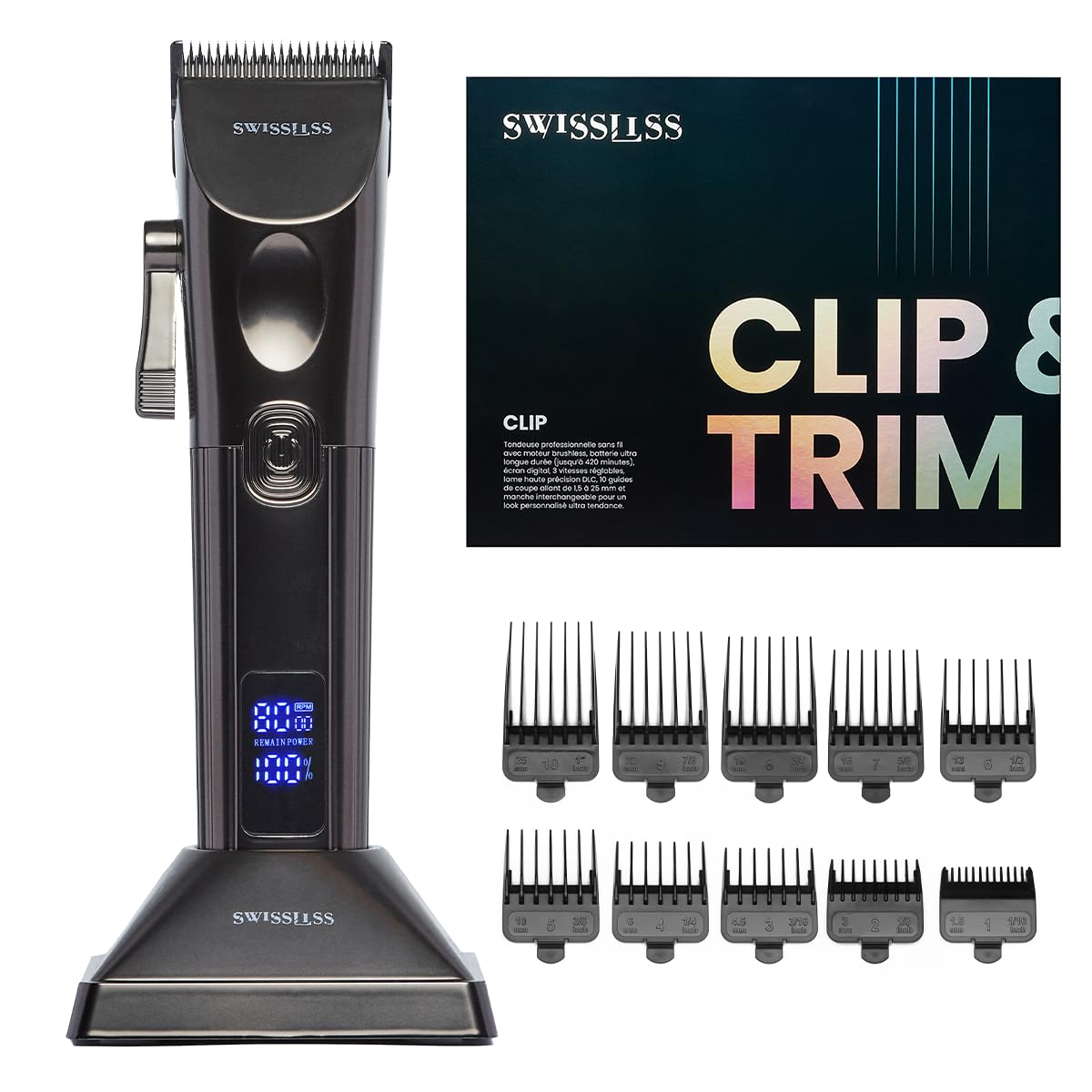 SWISSLISS - Clip Haarschneider, professionell, kabellos, bürstenloser Motor, extrem lange Lebensdauer, 3 Geschwindigkeitsstufen, 10 Schnittführungen