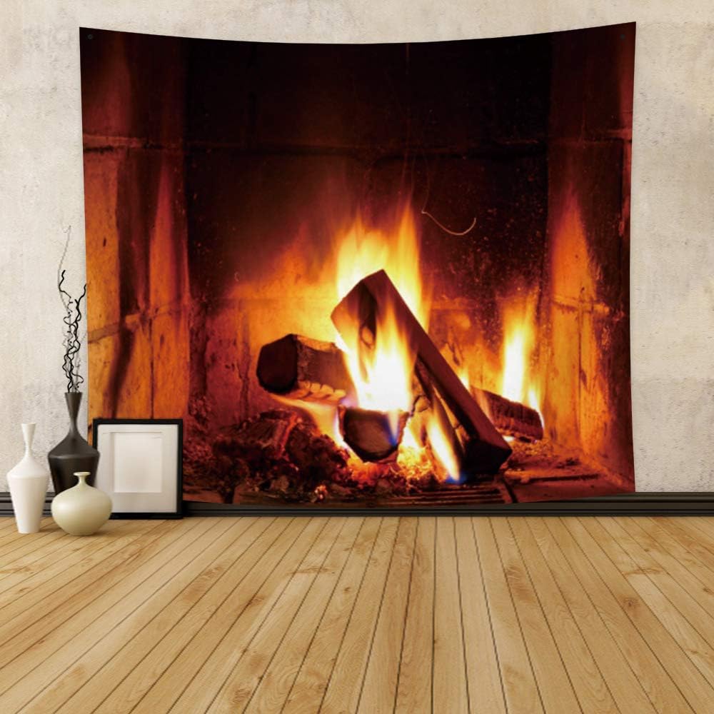 Haoyiyi 33.9x27.6 Inches Burning Fire Tapestry Christmas Wood Fireplace Bright Brick Wall Hanging Vintage Merry Elements Festival Celebrate Wall Tapestry for Living Room Decor - Image 3