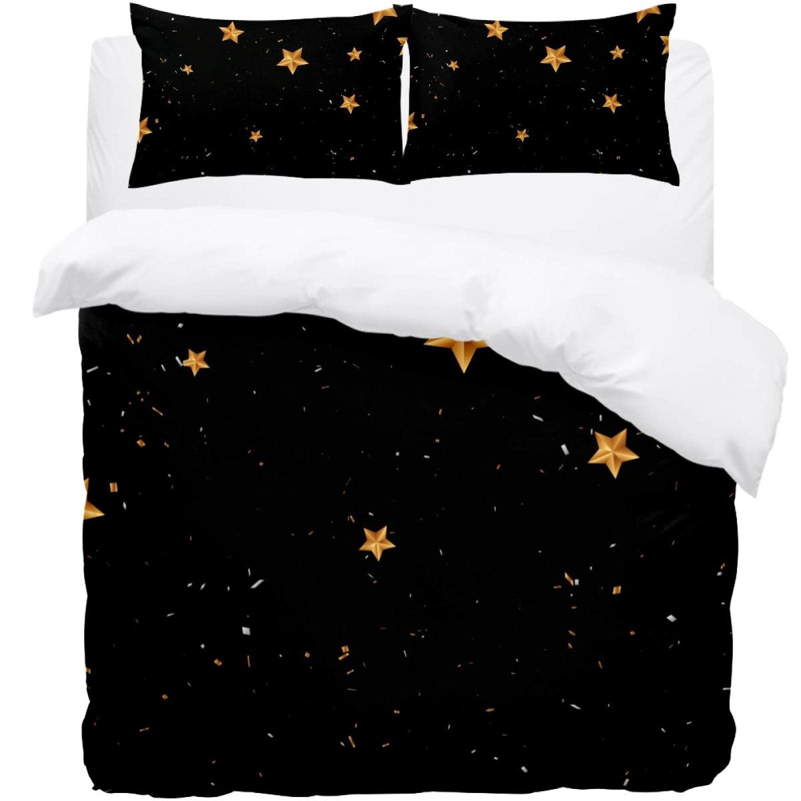 Parure de lit motif étoiles noir housse de couette bicolore et taie d'oreiller douce