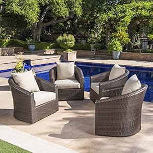 Gdfstudio outdoor aluminum framed mix brown wicker swivel club chair with water resistant cushions set o f4 mix khaki  urban country home decor