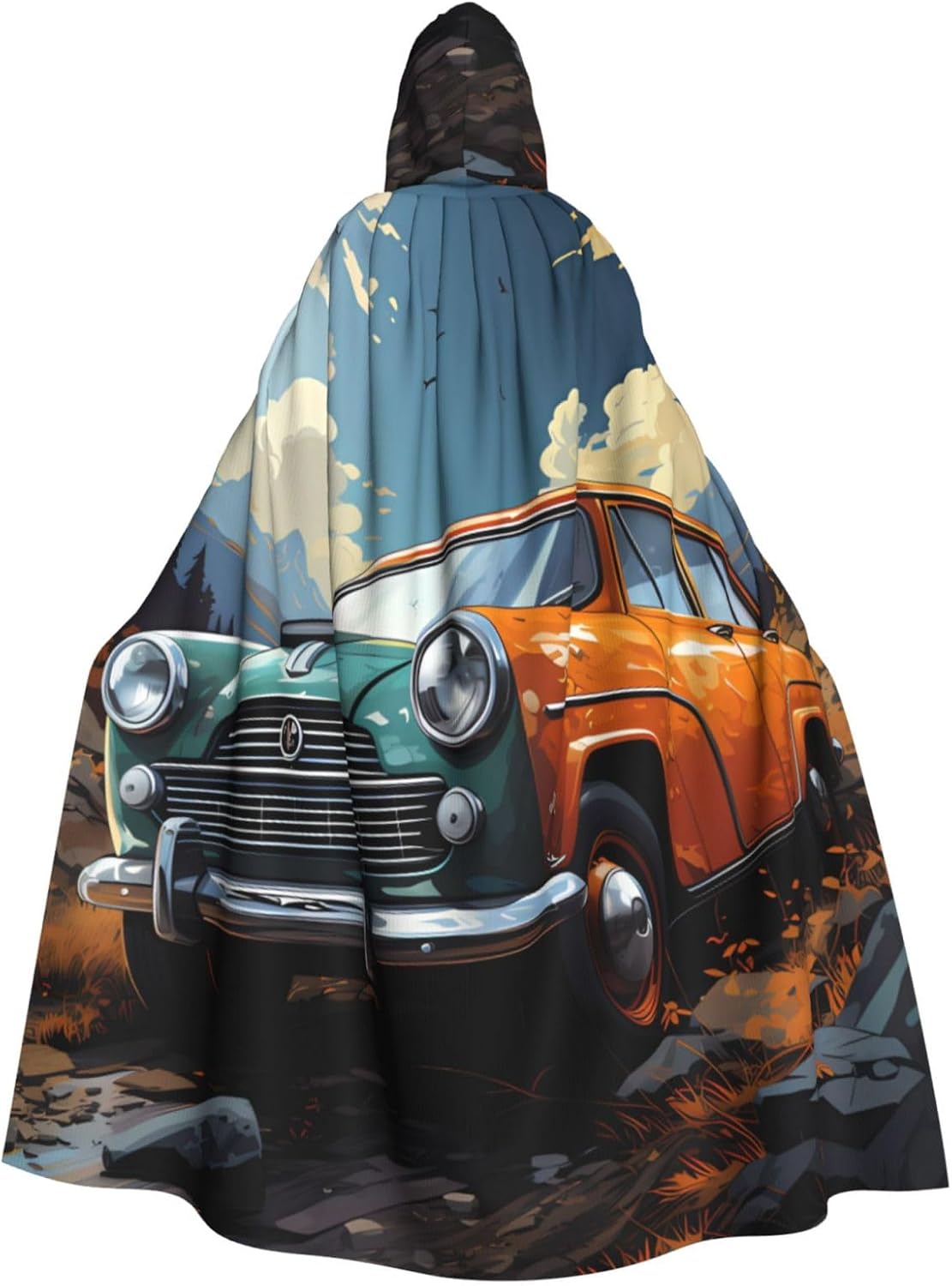 Unisex Full Length Hooded Halloween Christmas Party Robe Cloak Cape Cosplay Costume Men Women Take A Trip in The Car Prints Black