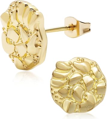 Gold Nugget Stud Earrings - 14k Gold Plated, Round, Rough Textured, For Women & Men