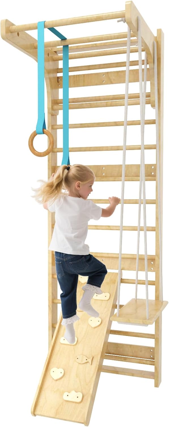 6-in-1 Swedish Ladder, Climbing Wall for Kids and Adults Indoor, Wooden Indoor Jungle Gym, Wall Ladder, Core Strengthening and Stretching Balanced for Body Exercises