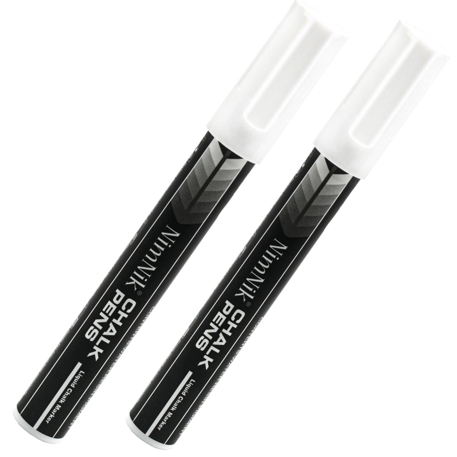 NIMNIK White Chalk Marker Pens for Cars Glass Mirror - Liquid Chalk Markers - 2x 6mm Reversible Chisel Tip Dry Erase Markers - Permanent Markers for Tyres