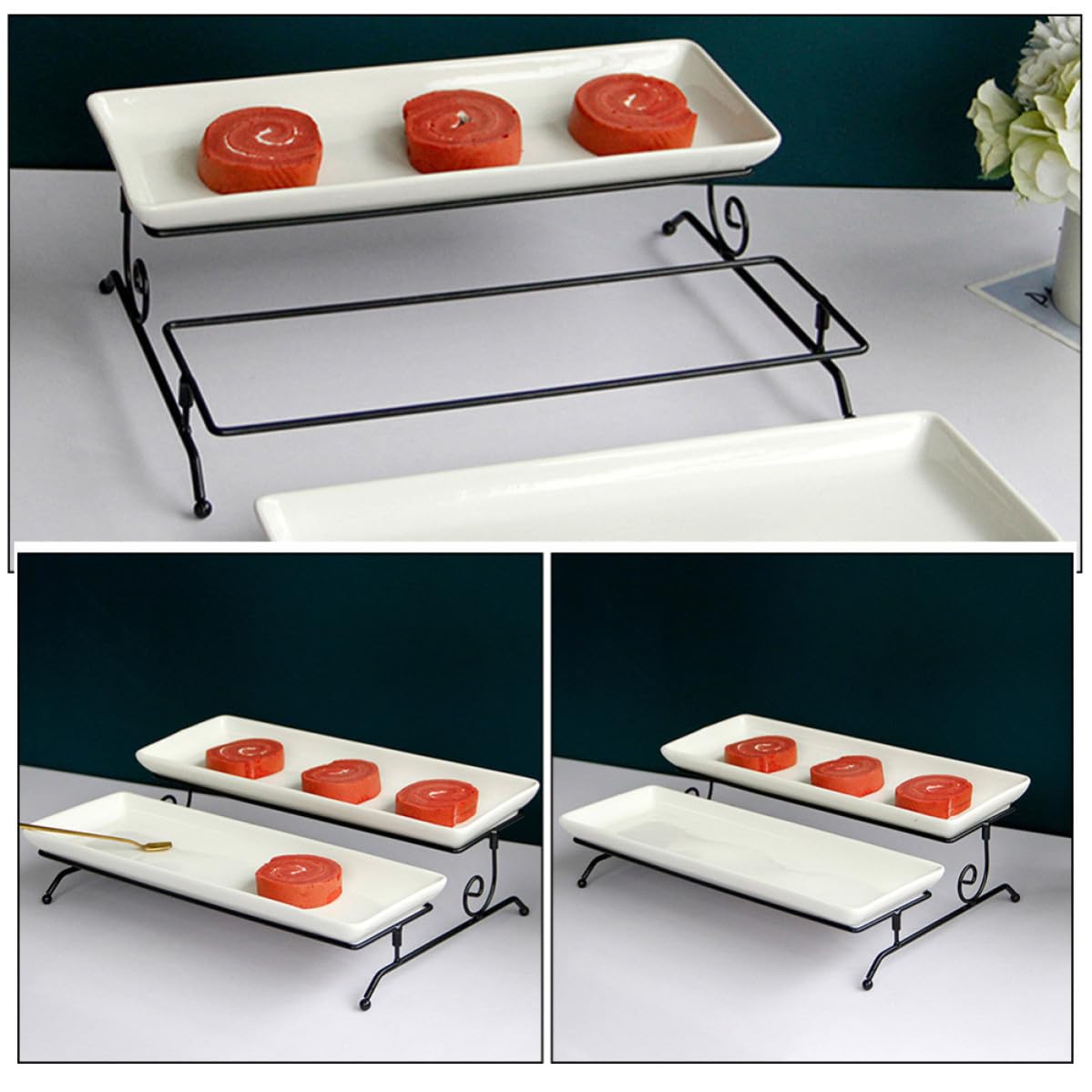 Soporte para Servir Pasteles de Doble Capa, Cerámica y Hierro Blanco