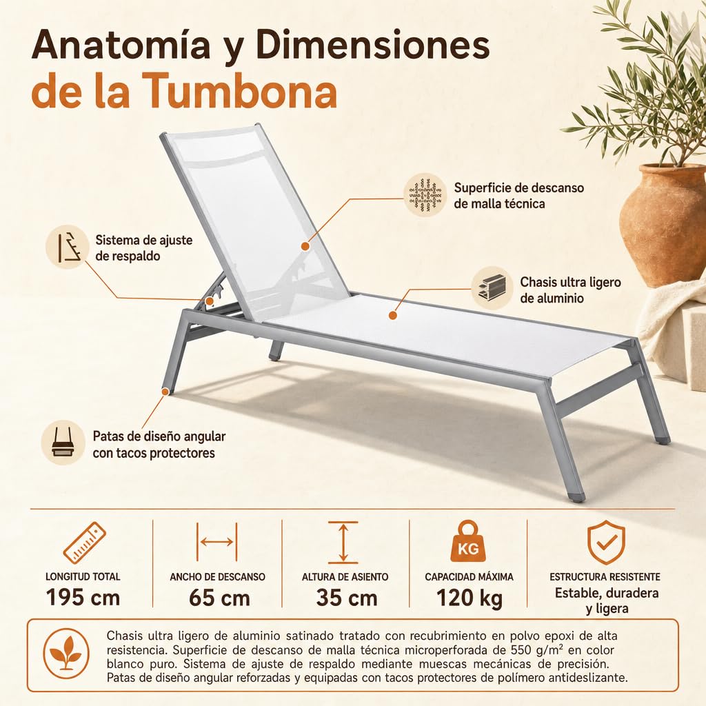 Pack 2 Unidades — Tumbona de jardín reclinable de Aluminio para Descansar y Tomar el Sol en Exteriores Blanco
