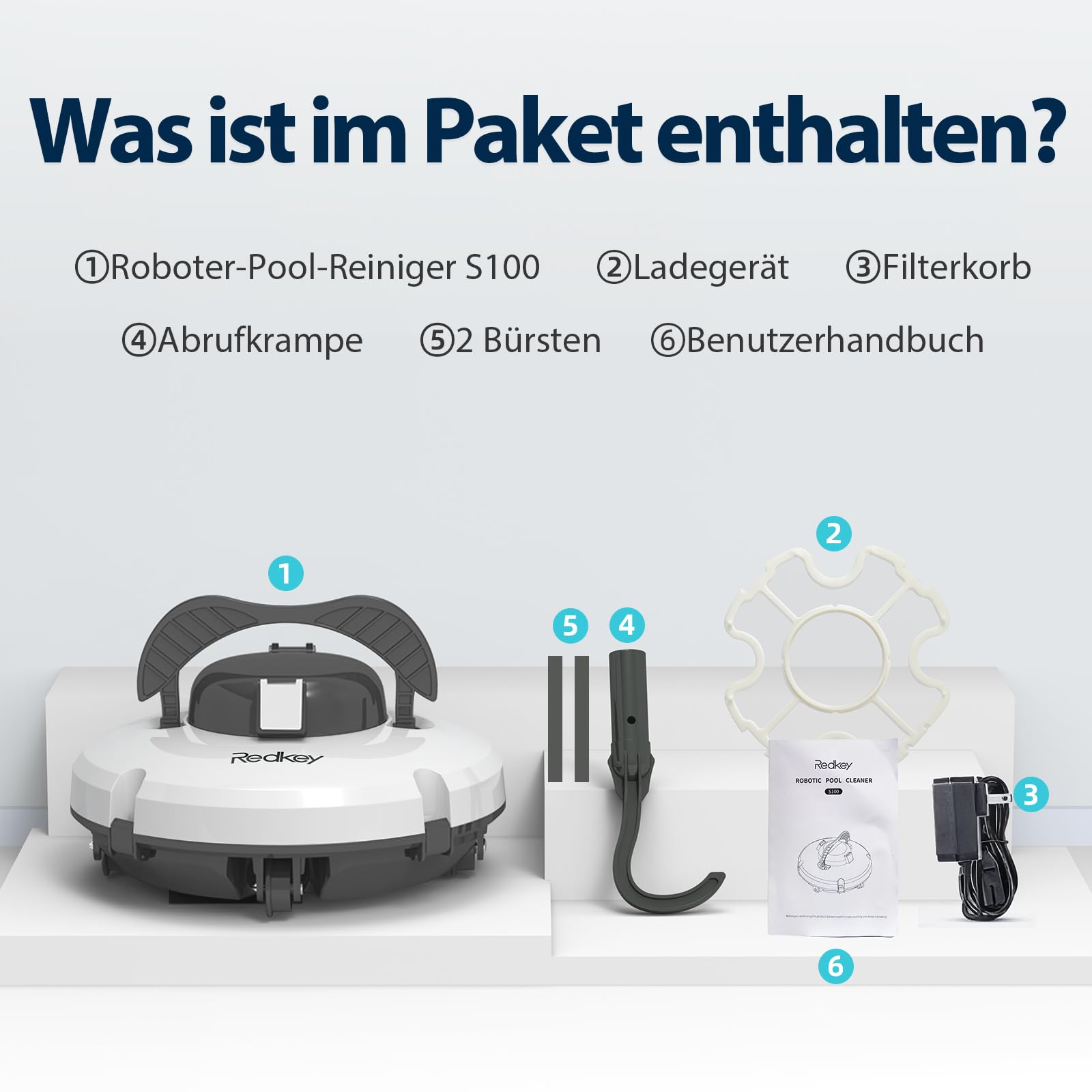 Redkey Upgrade S100 Poolroboter Akku, Akkulaufzeit 200 Minuten,Max Steigung 18°,Selbstparkend, Automatische Poolreiniger Kabelloser, Poolreinigungsroboter,Geeignet für Flache Pools bis zu 120 m²