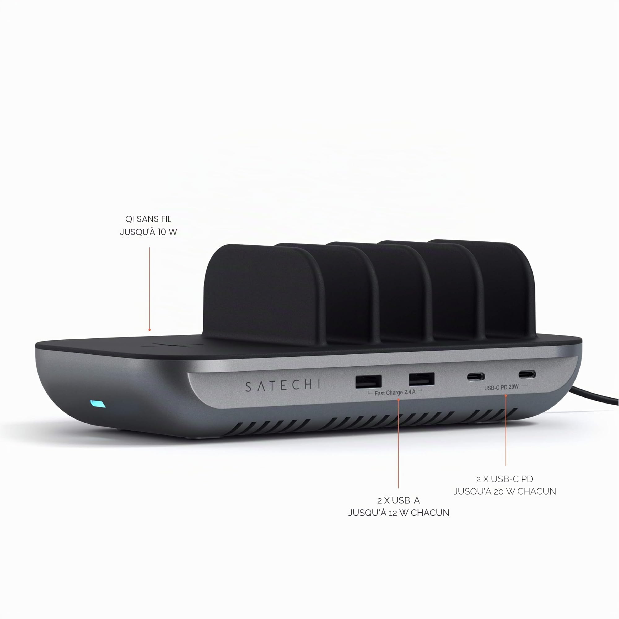 SATECHI Dock5 Station de Charge Multi 5 en 1 avec Charge sans Fil Qi 10 W, 2× USB-C PD 20 W, 2× USB-A 12 W – iPad Air/Pro/Neo, iPhone 17 à 12 Séries, Tablette, AirPods, Apple Watch et Plus | Qi 10W, USB-C PD 20W, USB-A 12W, pour iPad Air/Pro, MacBook Air/