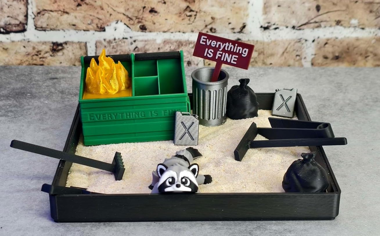 Munnygrubbers - Dumpster Fire Zen Garden - Made in USA - Large 7" x 7" - Fine Sand Included - Desk Accessory Box Garden - Funny Novelty Gift - Fidget Stress Relief