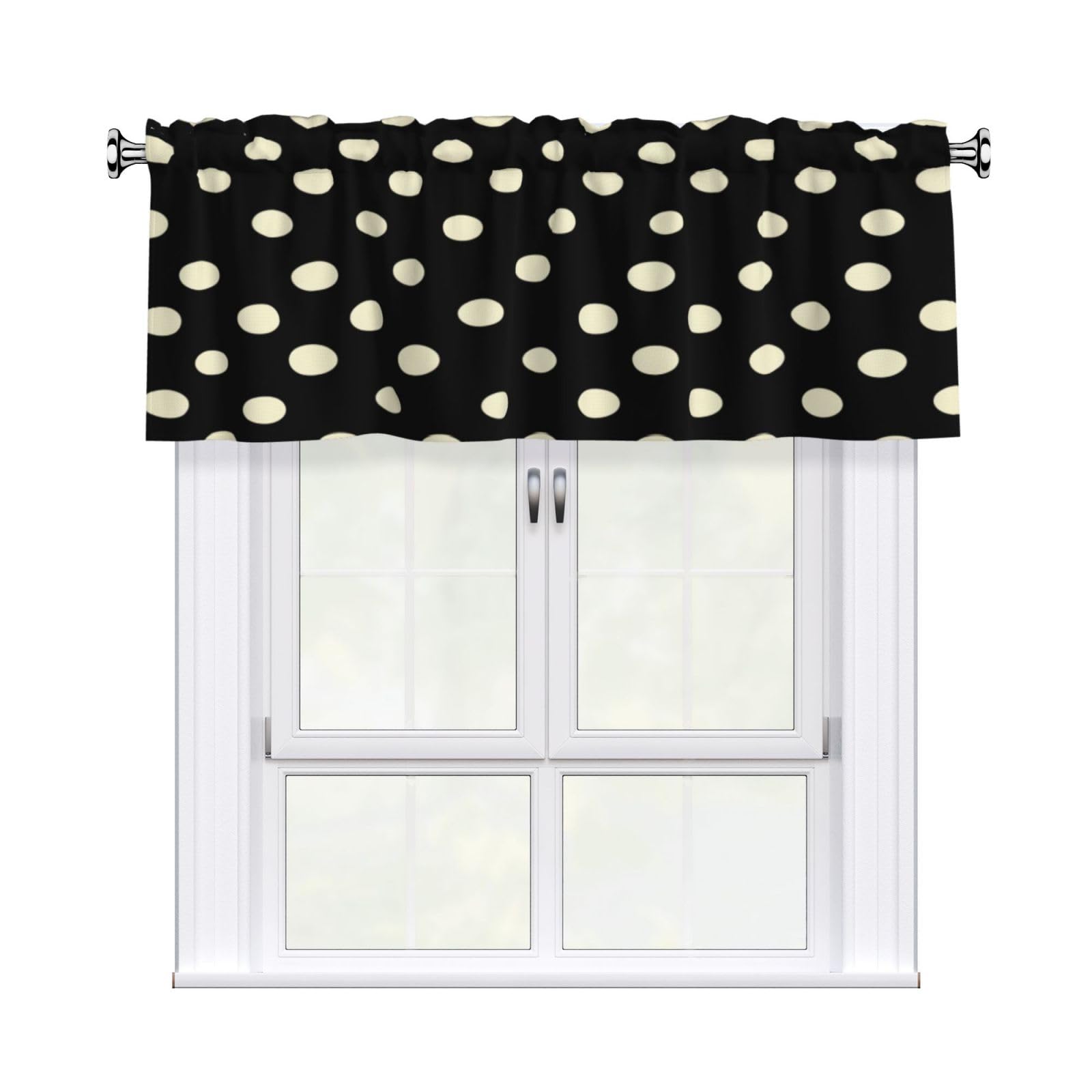 Woshuwo Cream Polka Dots On Black Valances For Windows Rod Pocket Window Treatment Short Curtains For Kitchen Living Room Bedroom Decor 54x18in