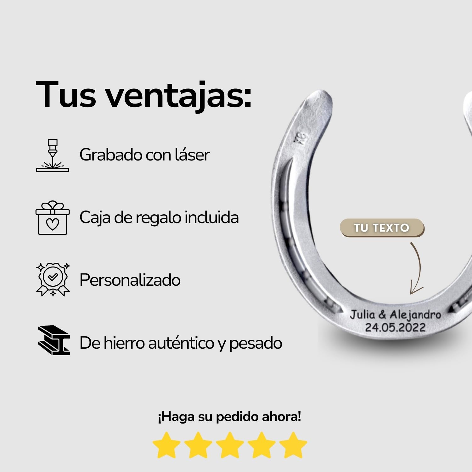 Dttra Herradura con grabado personalizado de hierro pesado, herradura original de caballo, lacada en plata, herradura de la suerte personalizada para boda o regalo de inauguración