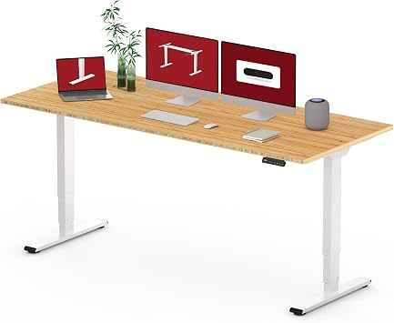 Standing Desk with Dual Motor, 3-Stage Lifting Column, Handset with 3 Preset and Sit-Stand Reminder - 72 inch Whole Piece Real Bamboo/White Frame, Height Adjustable Desk for Home and Office