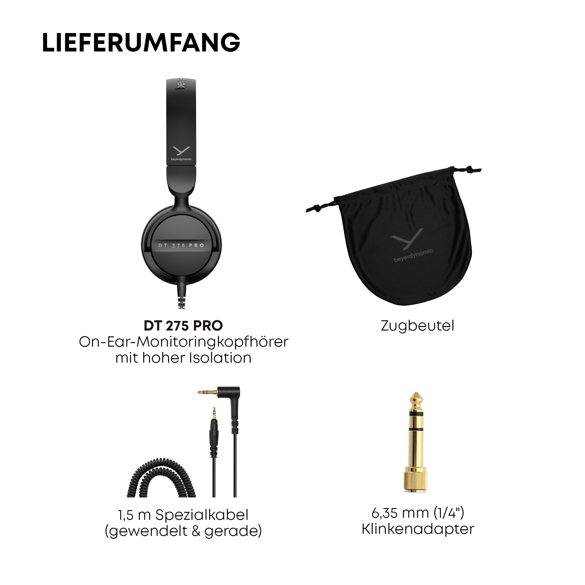 beyerdynamic DT 275 PRO On-Ear-Monitoringkopfhörer mit hoher Isolation | Ausgewogener Klangabstimmung, verriegelbarem Kabel und austauschbaren Teilen für Set, Bühne und Booth