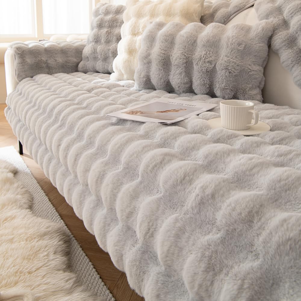 CANYUE Thick Rabbit Plush Sofa Covers, Non-Slip Sofa Slipcovers, Furniture Protector Sofa Covers for 3 Cushion Couch Loveseat Recliner L Shaped Armrest Backrest (Light grey,70x210cm)