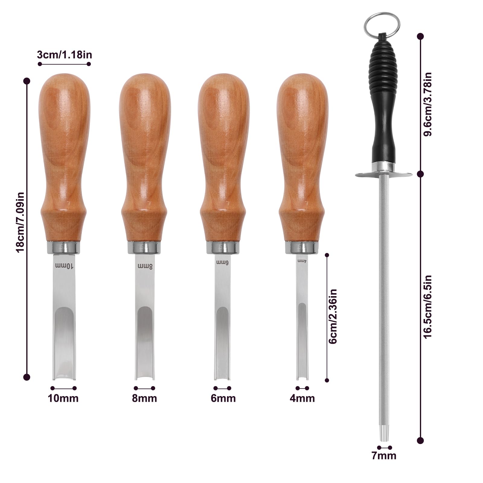 Leather Edge Bevelers, Suboyica 5 Pcs Leather Working Tools for DIY Leather Craft with Sharpening Rod Set, Wooden Handle Leather Tools(4mm, 6mm, 8mm, and 10mm)